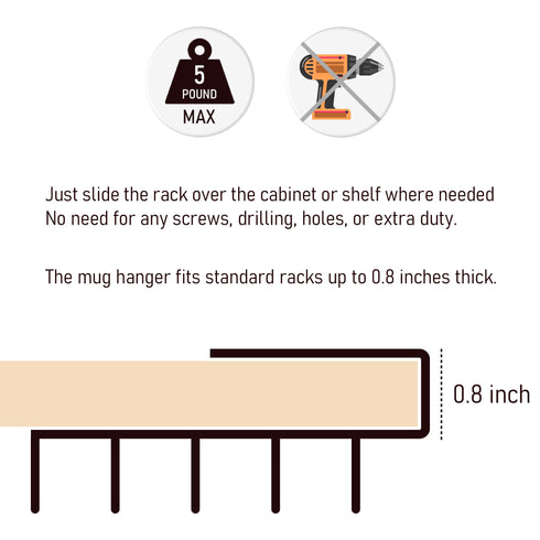 EDNA HOME Mug Cups Storage Rack, Drilling-Free Under Cabinet Closet Holder Hooks for Hanging Mugs, Ties, Belts, Scarf, Kitchen Utensils, Necklace and More, 10 Hooks, Made in Europe